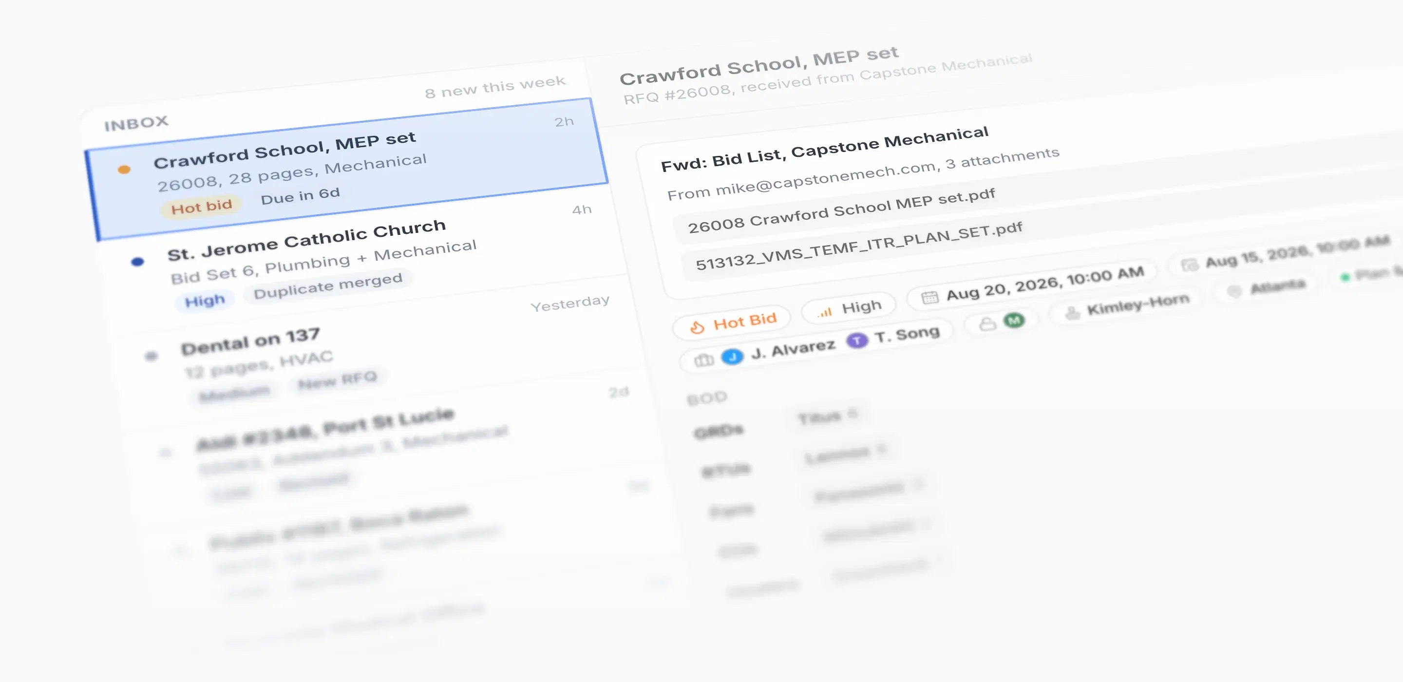 Rebar Bid Triage inbox with the Crawford School RFQ open and its details read from the email