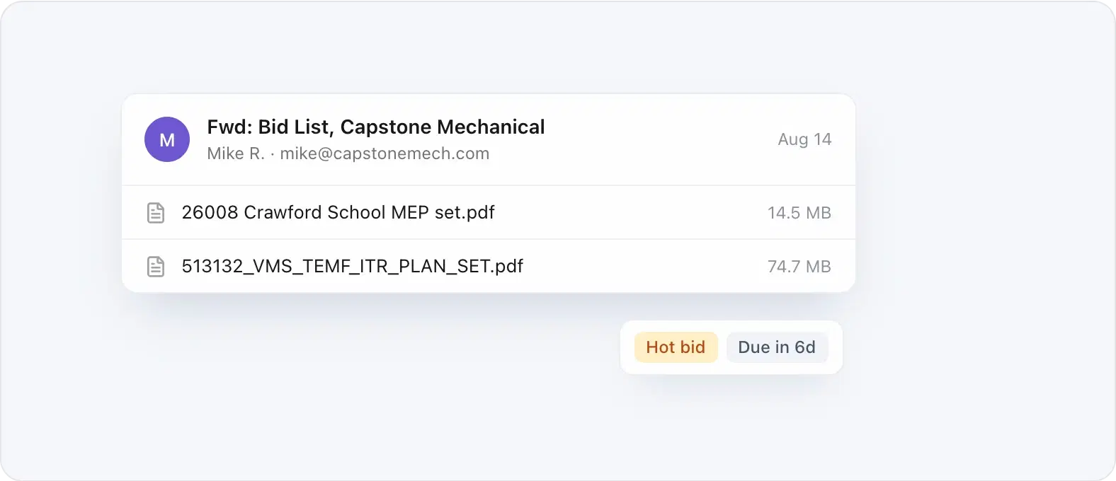 A forwarded bid email in Rebar with its plan set attachments, tagged as a hot bid due in six days