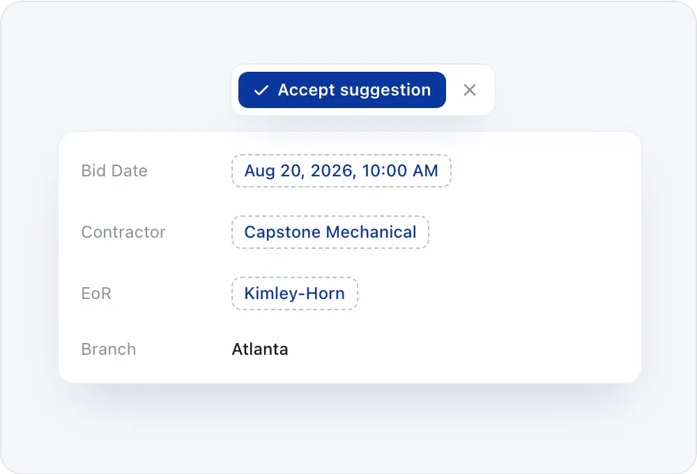 Suggested bid date, contractor, and engineer of record on a bid, with an Accept suggestion button