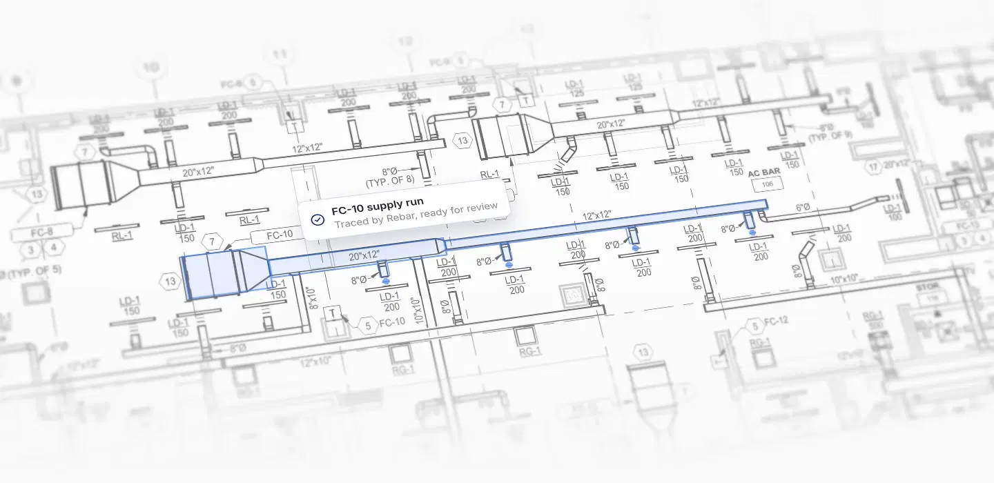 Rebar AI HVAC takeoff tracing the FC-10 supply run on a mechanical plan