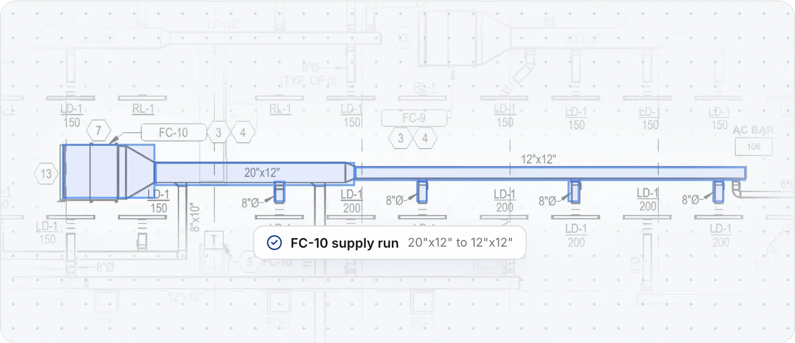 Rebar AI HVAC takeoff tracing a supply duct run on a mechanical plan