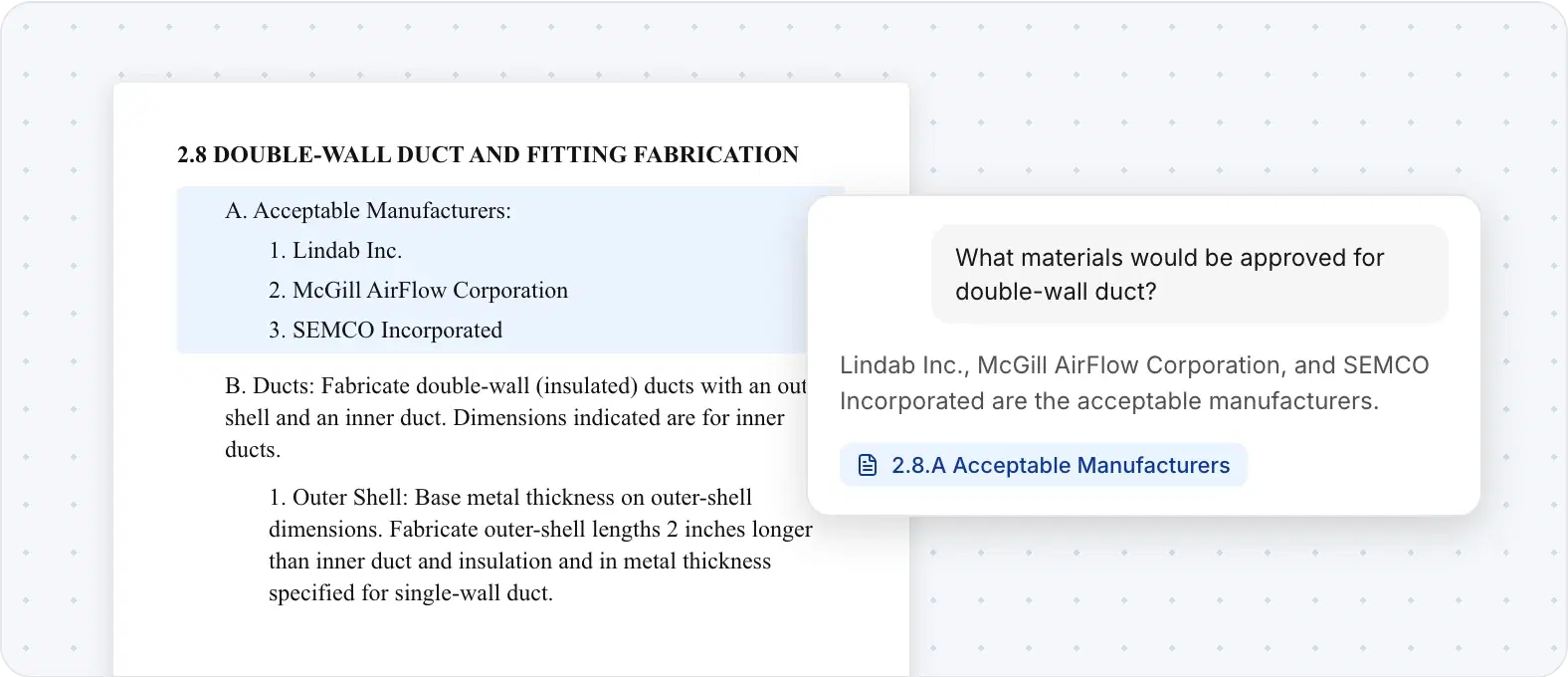 Rebar answering a question about double-wall duct and citing the spec clause it came from